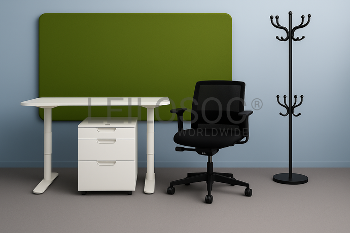 1 Bureau réglable + 1 Chaise pivotante + 1 Porte-manteau + 1 Caisson à tiroirs + 1 Panneau mural acoustique