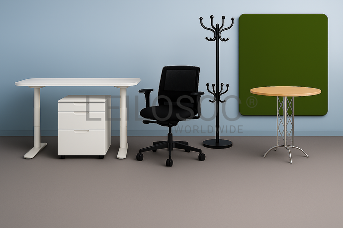 1 Bureau réglable + 1 Chaise + 1 Porte-manteau + 1 Caisson à tiroirs + 1 Table ronde